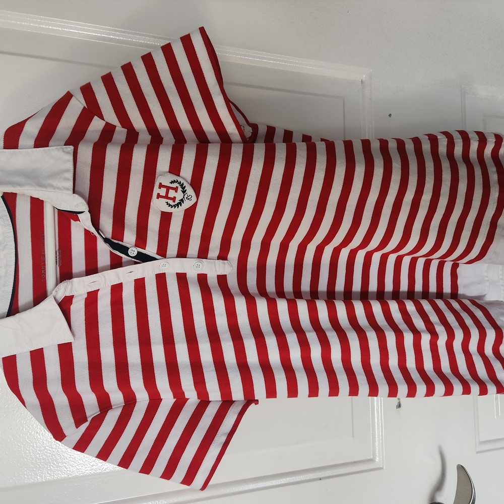 Red and White Striped Polo Shirt Tommy Hilfiger size large